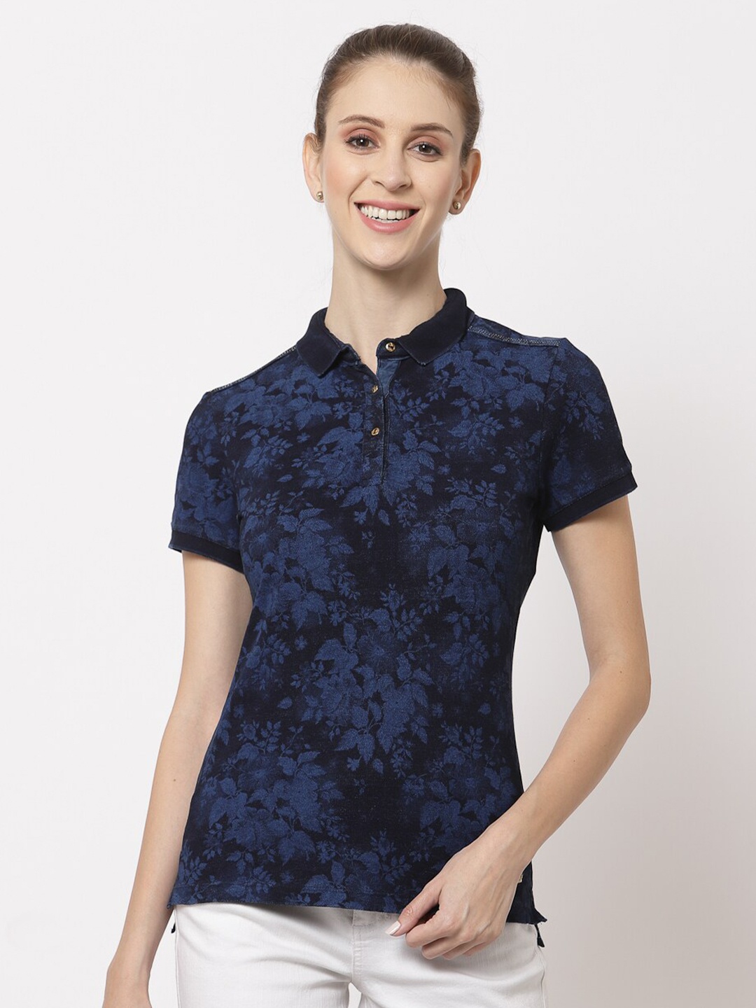 

Juelle Women Printed Mandarin Collar Slim Fit Cotton T-shirt, Navy blue