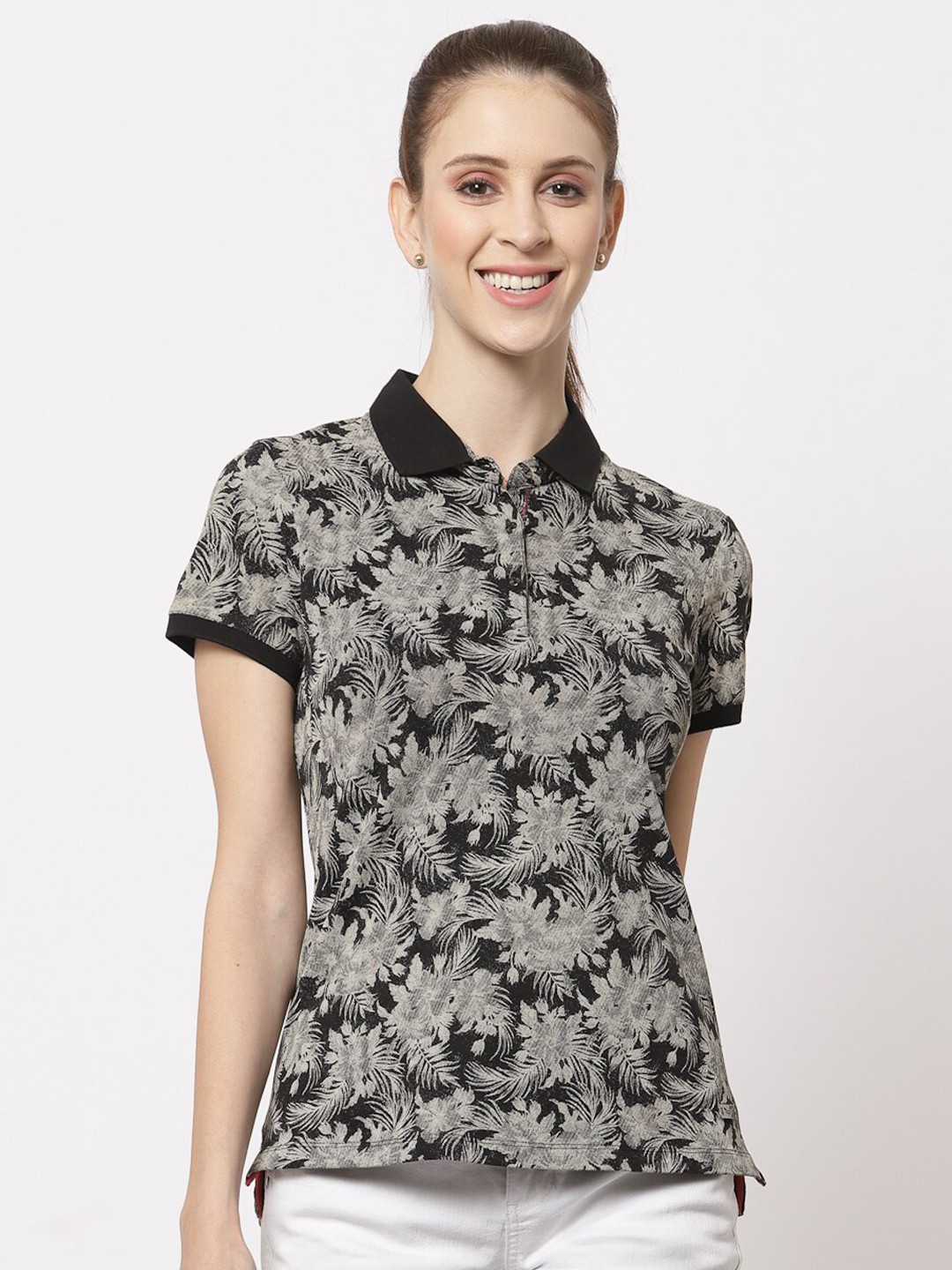 

Juelle Women Floral Printed Polo Collar Slim Fit Cotton T-shirt, Black