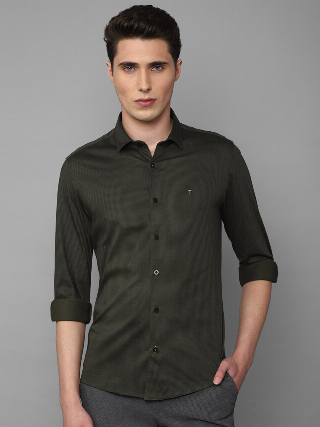 

Louis Philippe Sport Men Pure Cotton Slim Fit Micro Checks Checked Casual Shirt, Olive