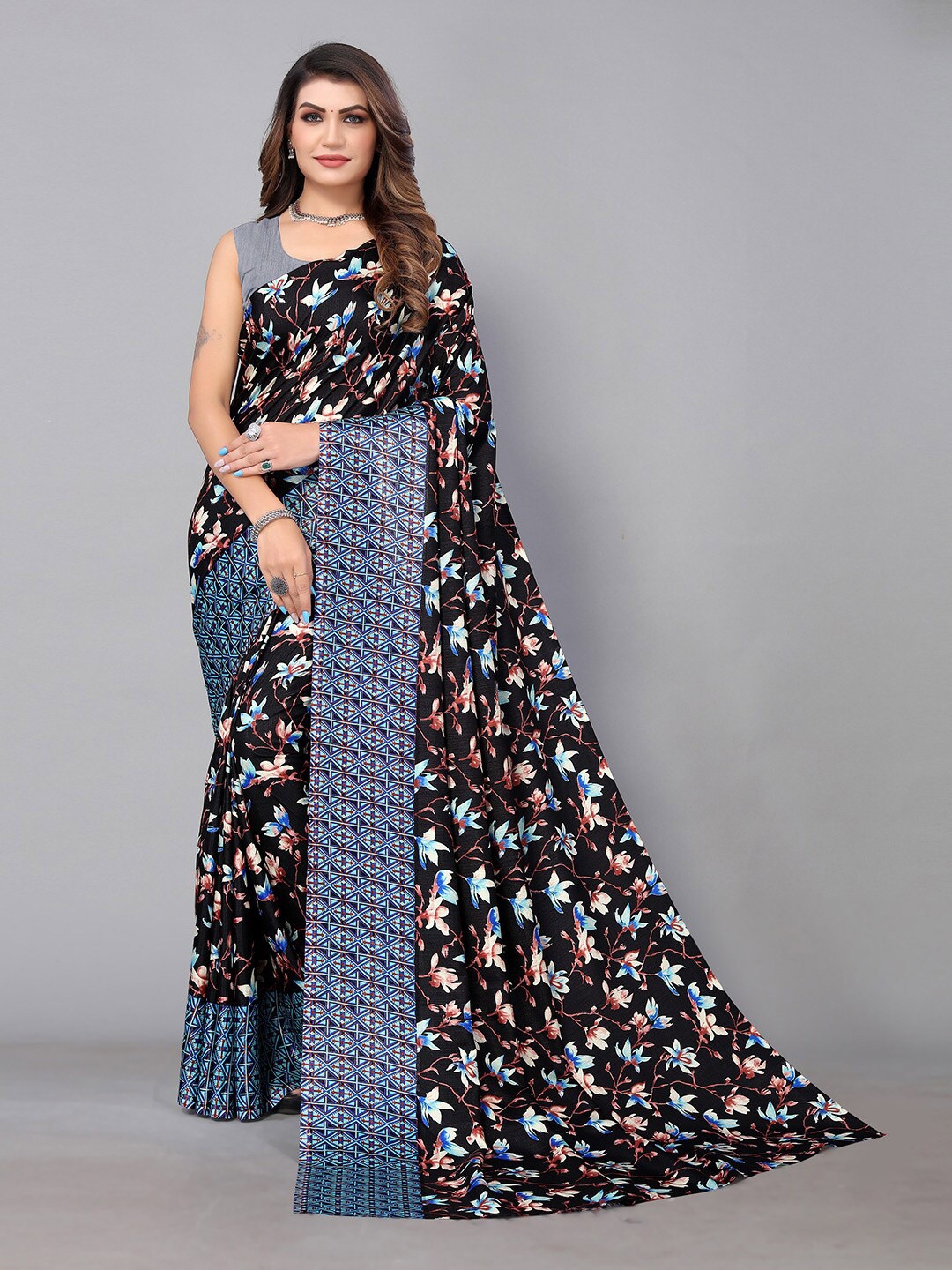 

HRITIKA Floral Printed Pure Georgette Saree, Black