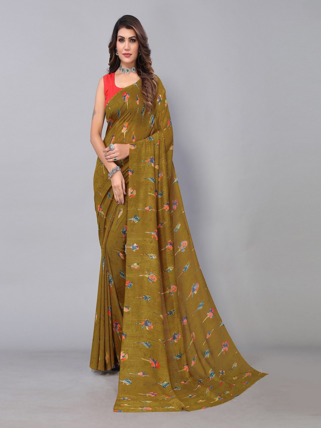 

HRITIKA Olive Green & Red Floral Printed Pure Georgette Saree