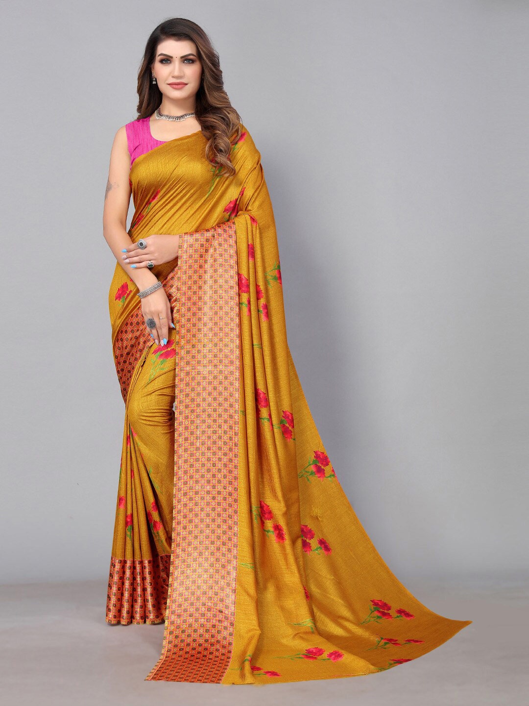 

HRITIKA Floral Printed Pure Georgette Saree, Mustard