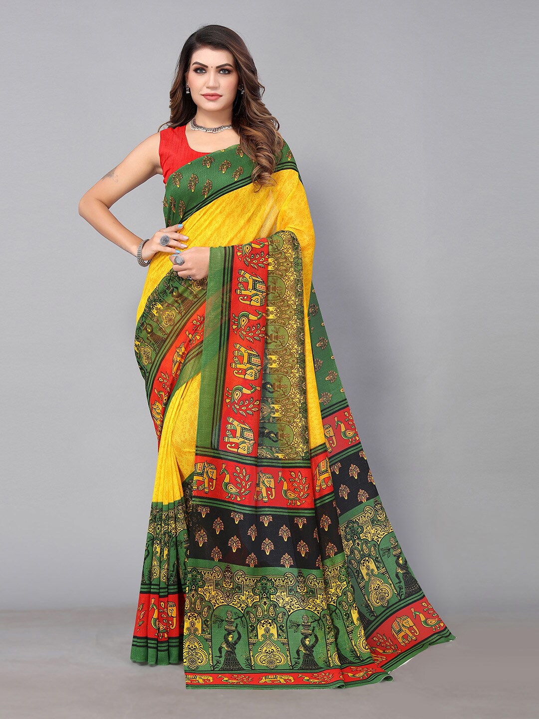 

HRITIKA Ethnic Motifs Printed Pure Georgette Saree, Yellow