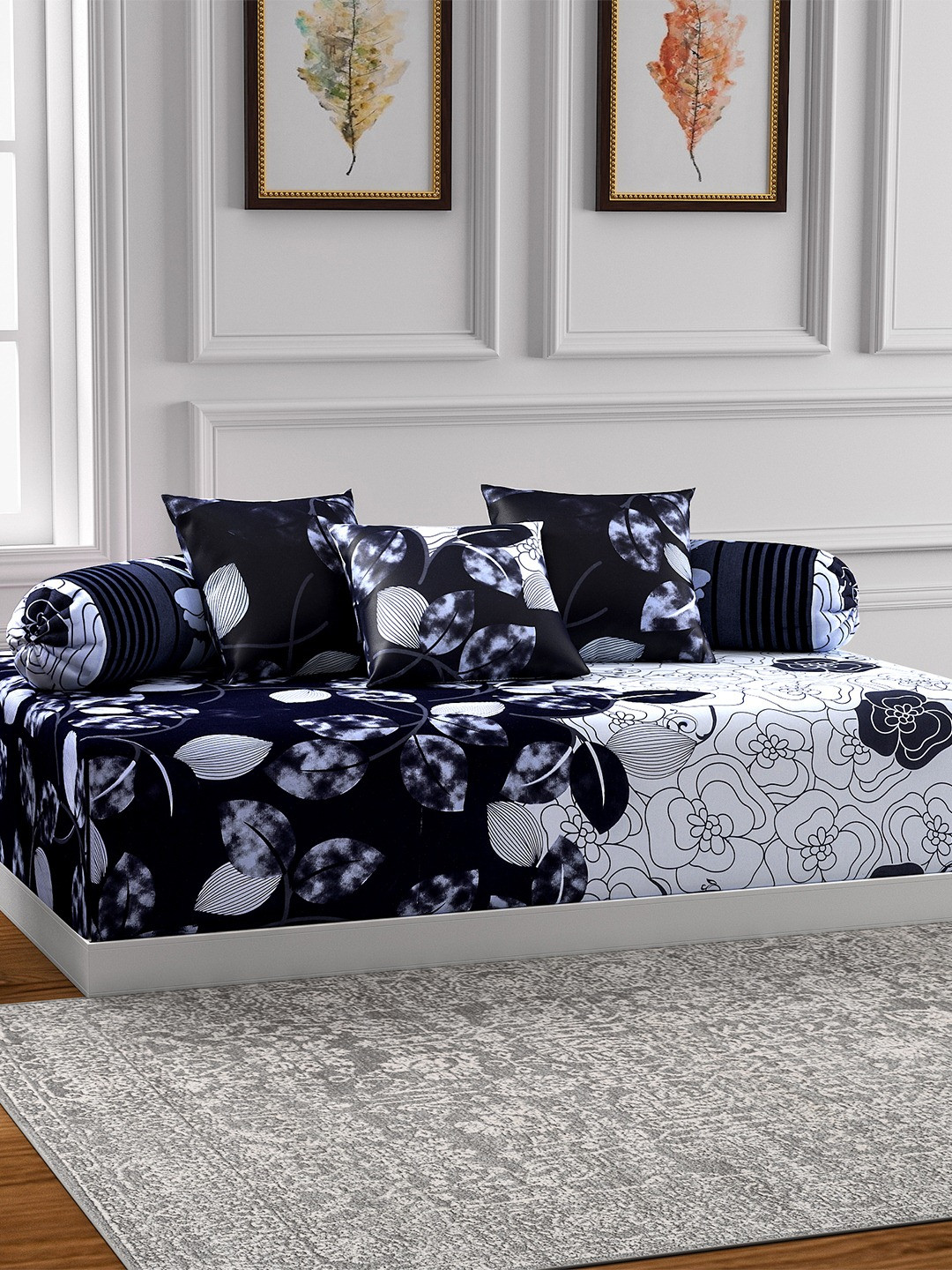 

SWAYAM Black & White Printed Diwan Set with Bolster & Cushion Covers