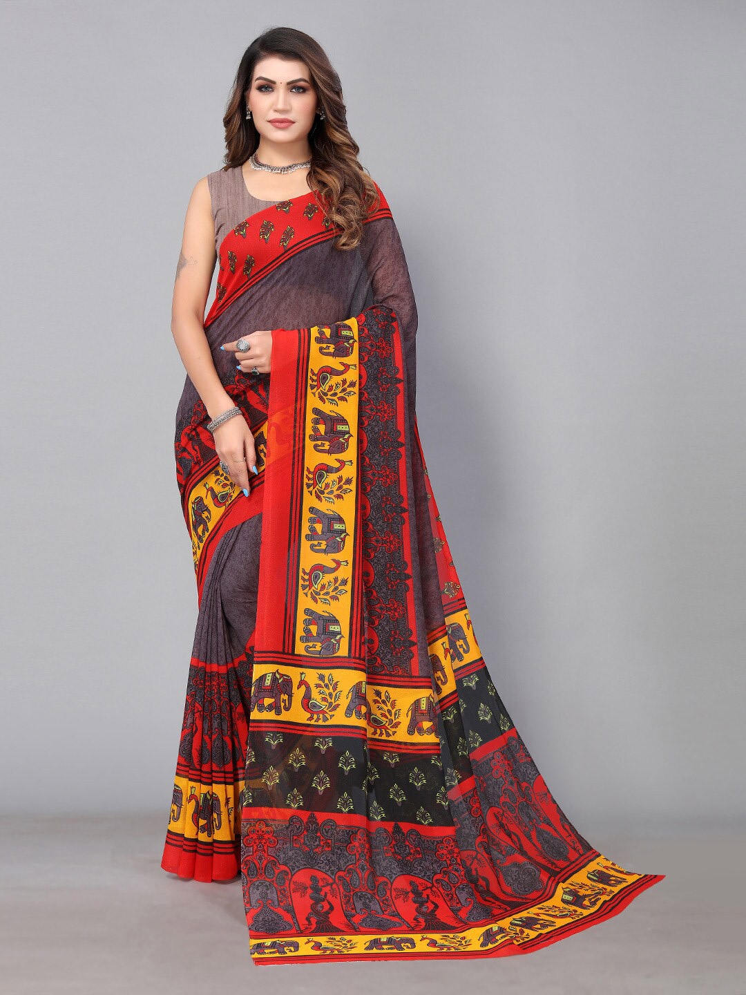 

HRITIKA Ethnic Motifs Printed Pure Georgette Saree, Grey