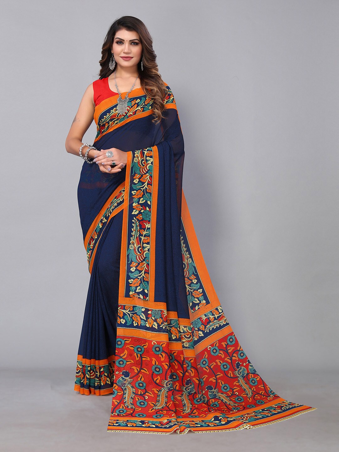 

HRITIKA Navy Floral Printed Pure Georgette Saree, Navy blue