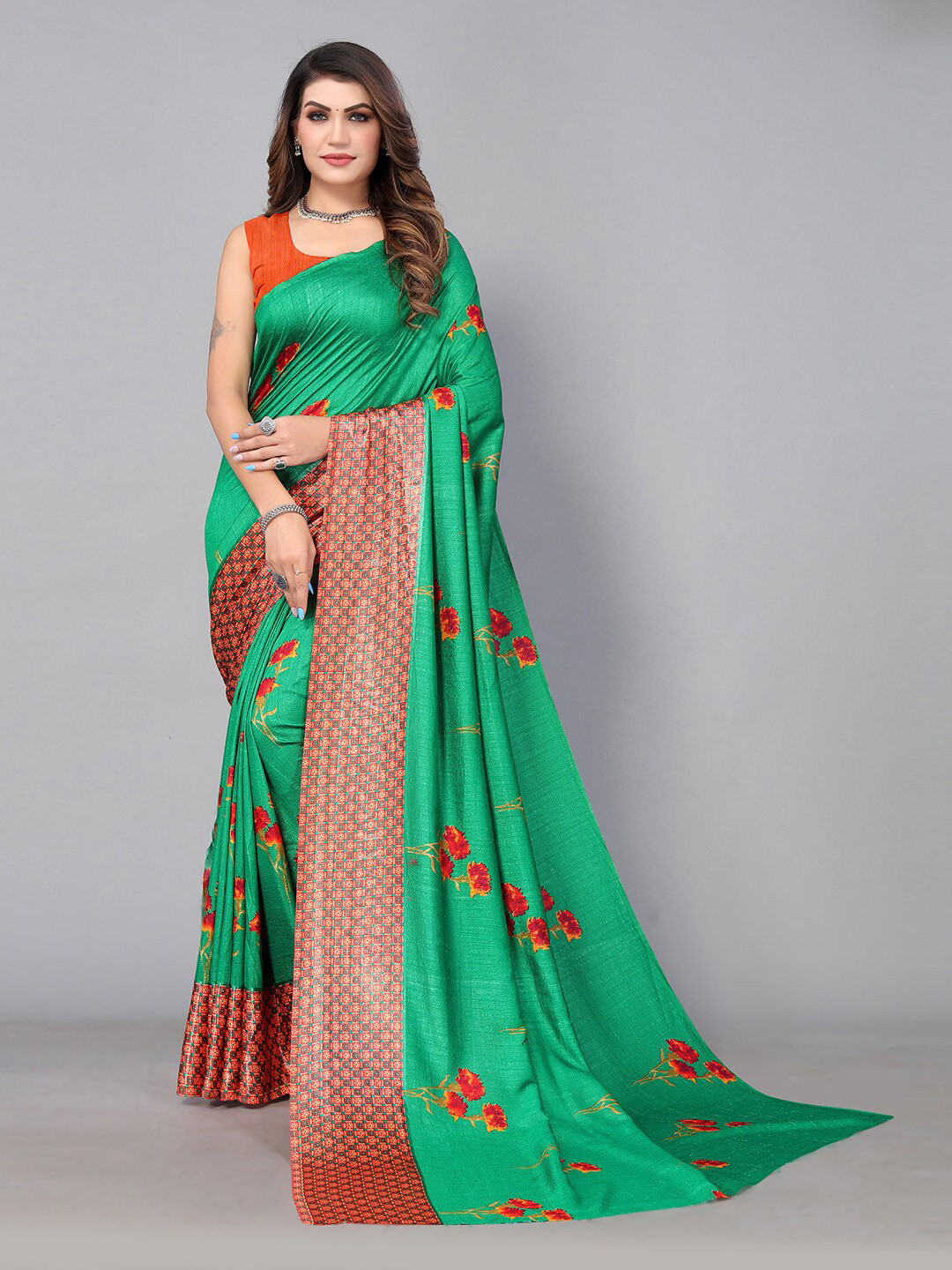 

HRITIKA Floral Printed Pure Georgette Saree, Green