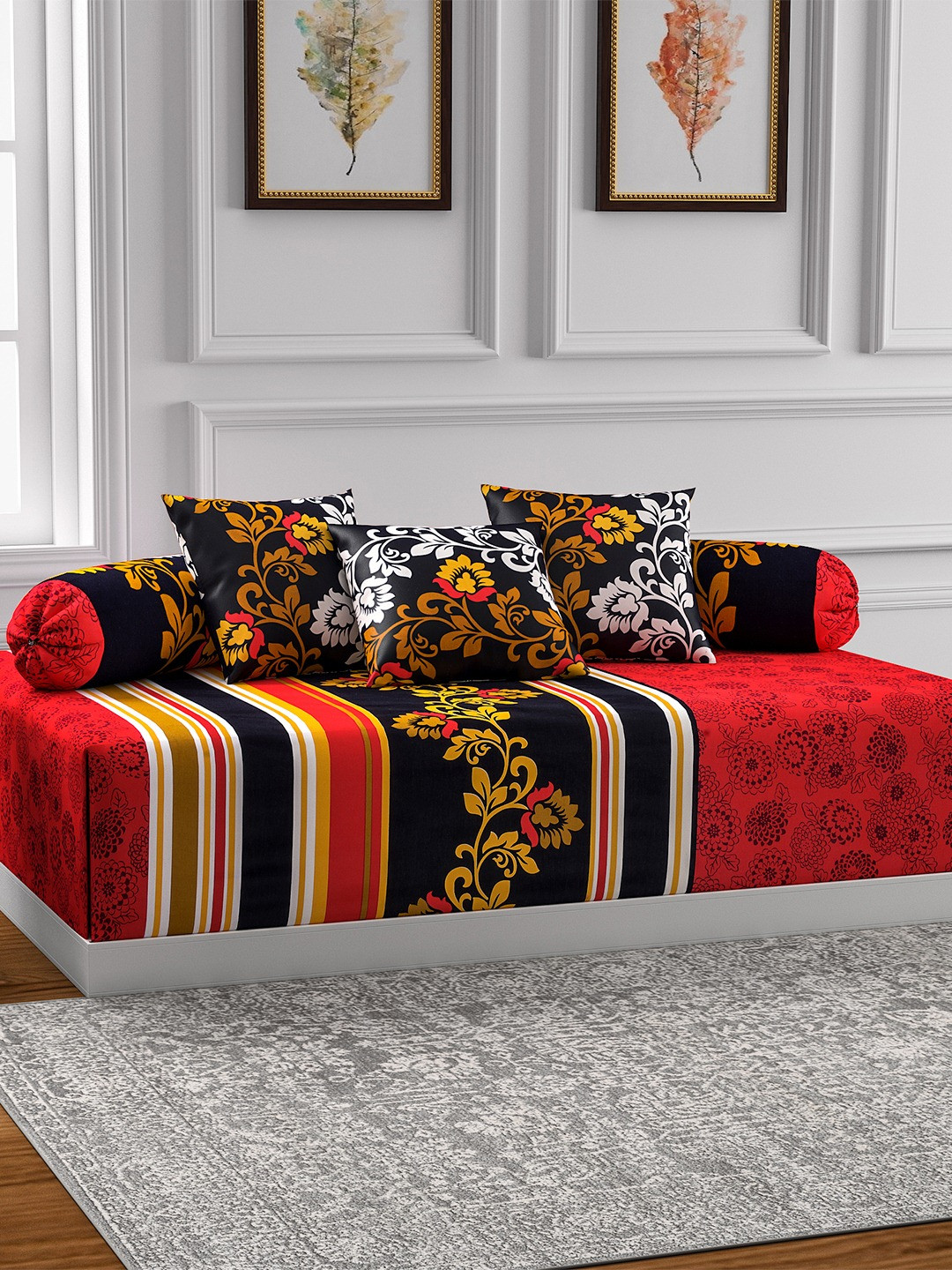 

SWAYAM Black & Maroon Printed Diwan Set with Bolster & Cushion Covers