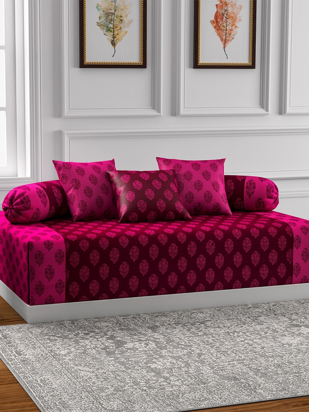 

Swayam Shades of Paradise Set of 6 Pink & Magenta Mirage 200TC Cotton Diwan Set