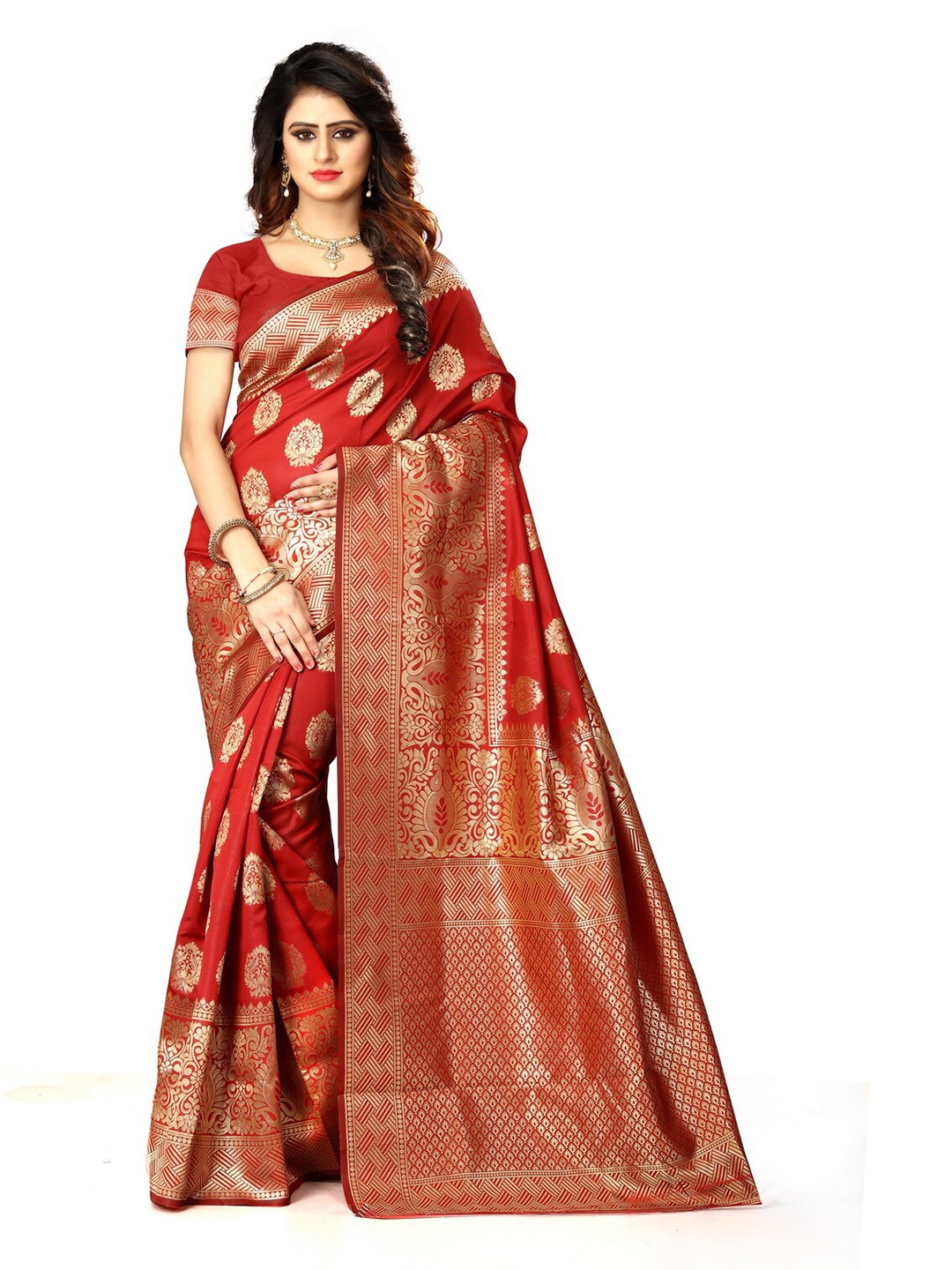 

Vrundavan ethics Woven Design Zari Art Silk Banarasi Saree, Red