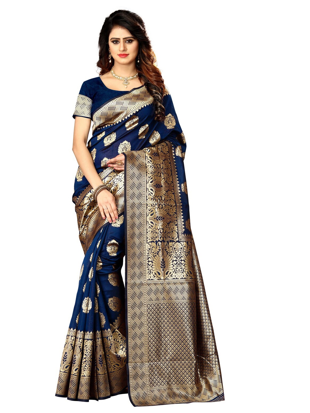 

Vrundavan ethics Woven Design Zari Art Silk Banarasi Saree, Navy blue