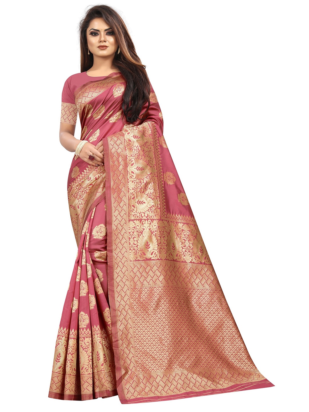 

Vrundavan ethics Woven Design Zari Art Silk Banarasi Saree, Peach