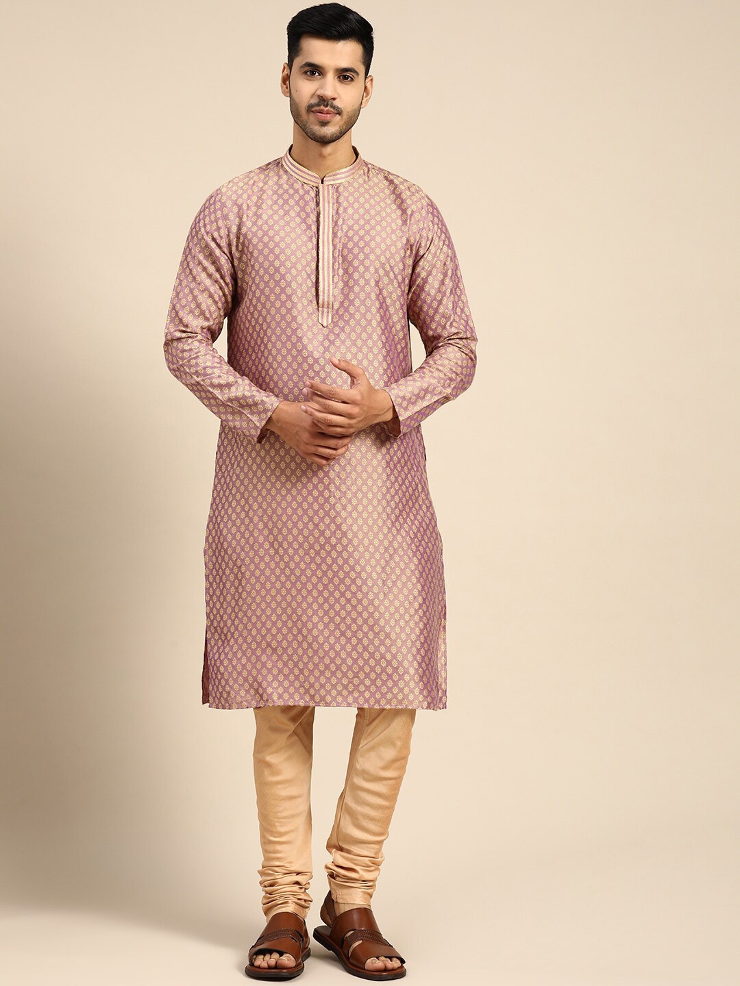 

KISAH Men Floral Jacquard Kurta with Churidar Set, Purple