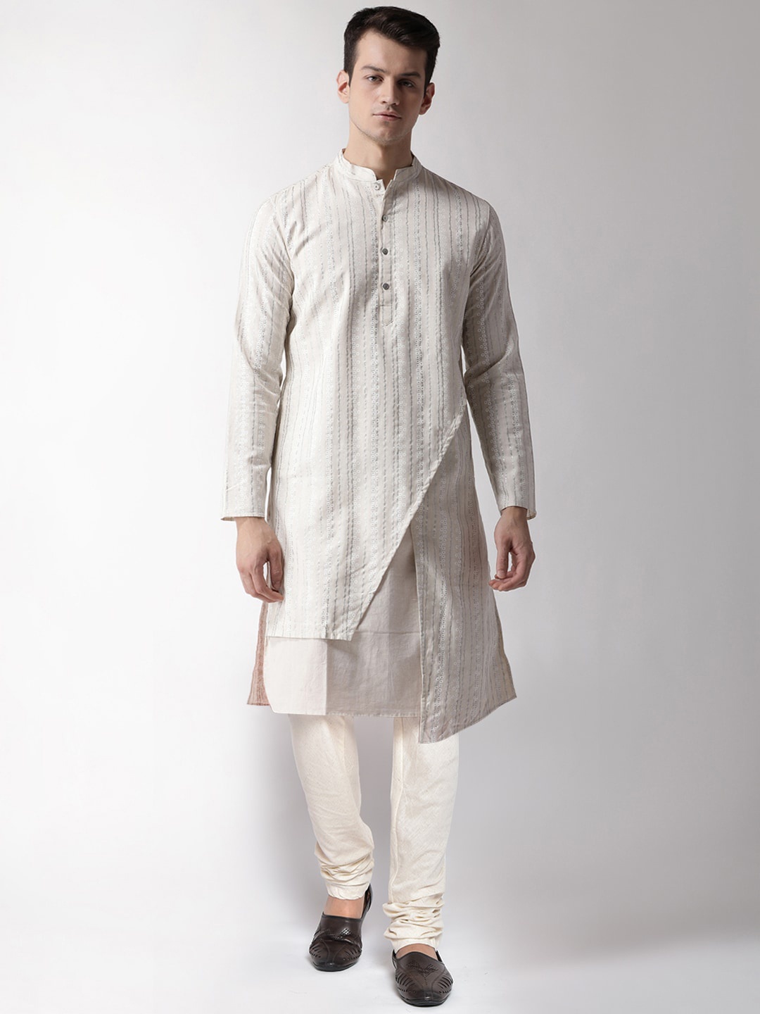 

KISAH Men Striped Kurta with Churidar, White