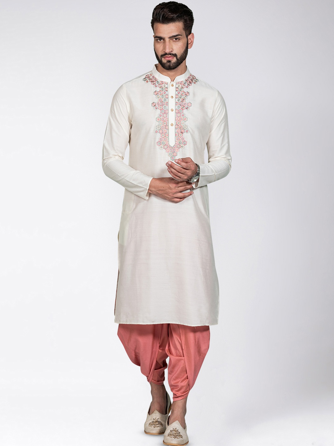 

KISAH Men Embroidered Thread Work Kurta with Dhoti Pants, White