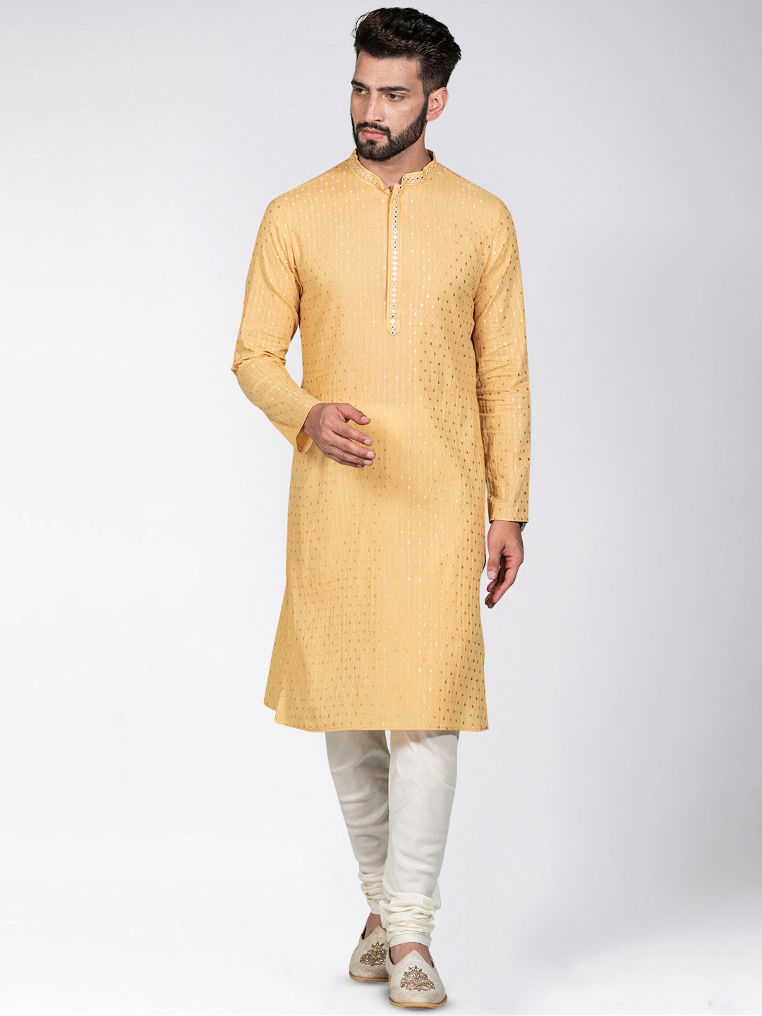 

KISAH Men Embroidered Mirror Work Kurta with Churidar, Yellow