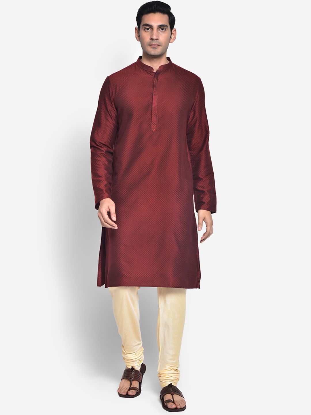 

KISAH Men Mandarin Collar Kurta with Churidar, Maroon