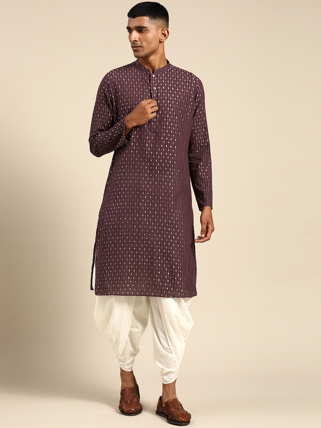 

KISAH Men Embroidered Thread Work Kurta with Dhoti Pants Set, Purple