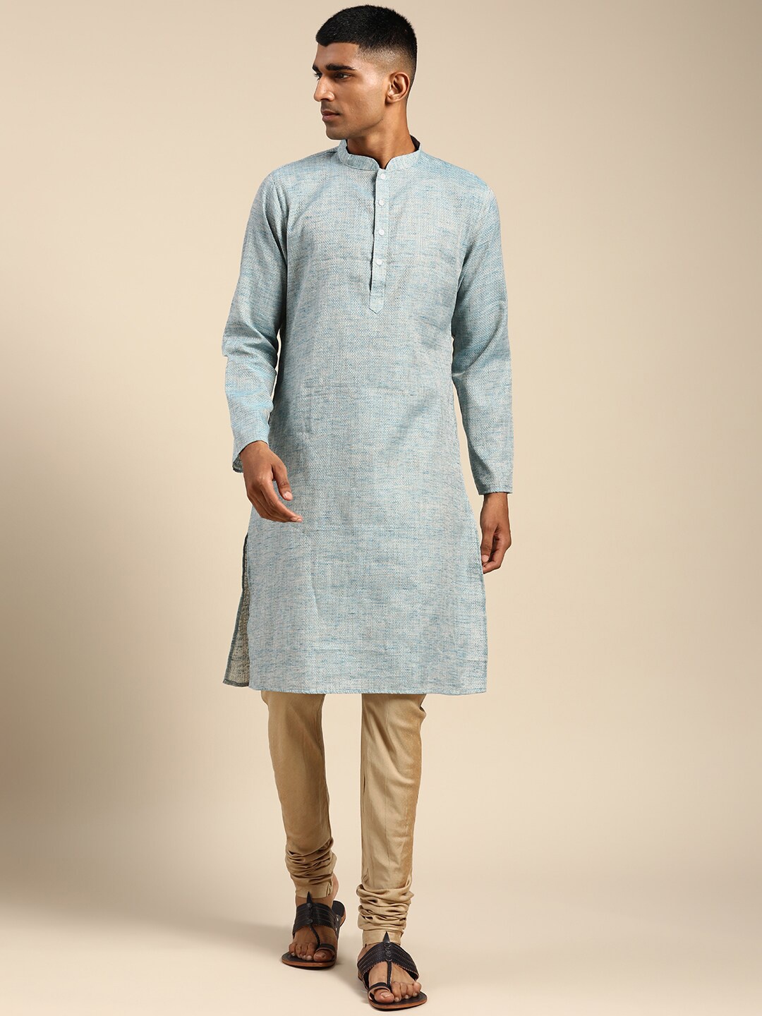 

KISAH Men Woven Design Mandarin Collar Kurta with Churidar, Blue