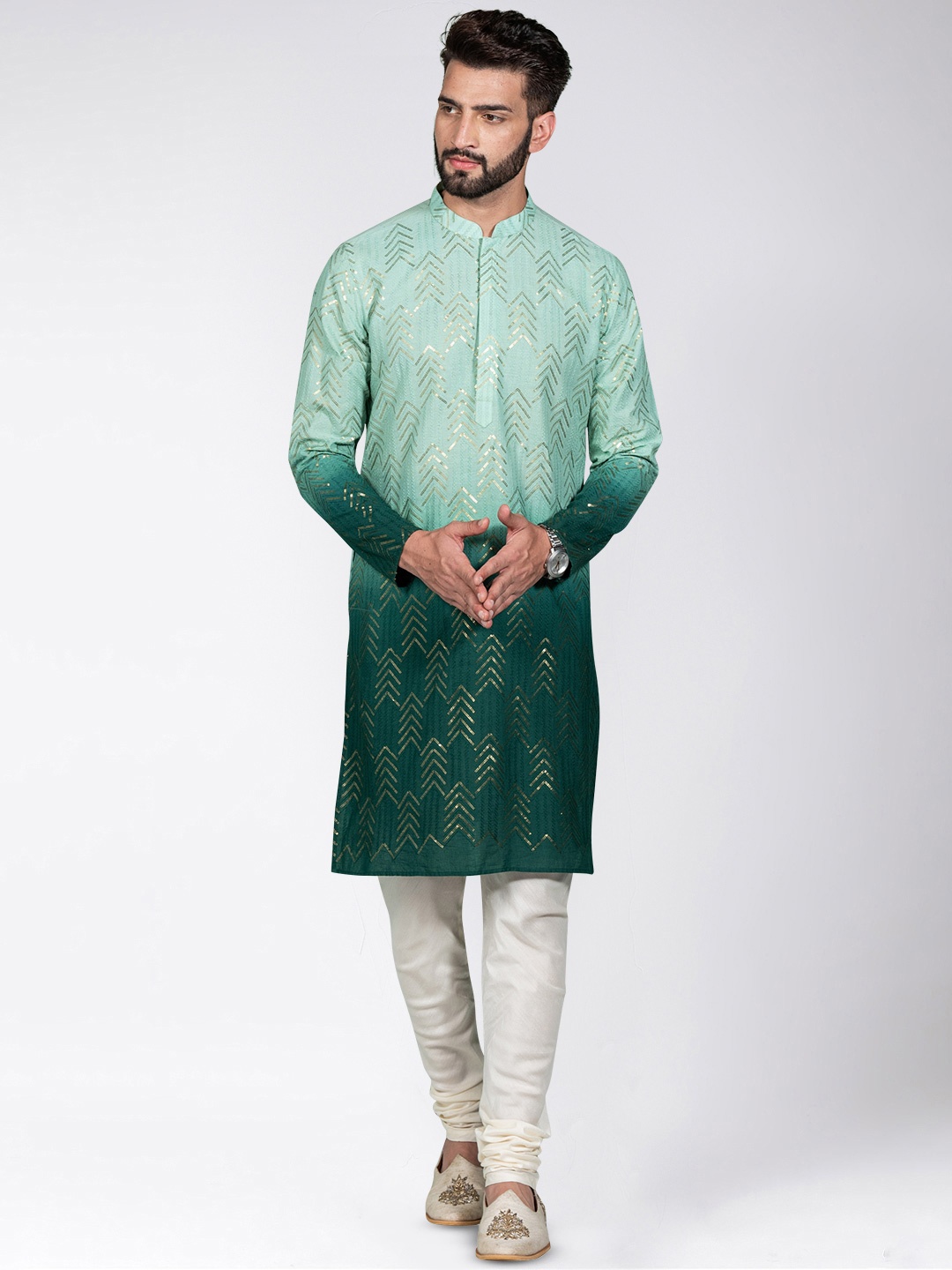 

KISAH Men Ombre Printed Kurta with Churidar, Green