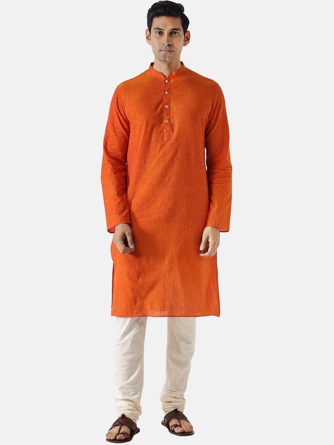 

KISAH Men Mandarin Collar Kurta with Churidar, Orange