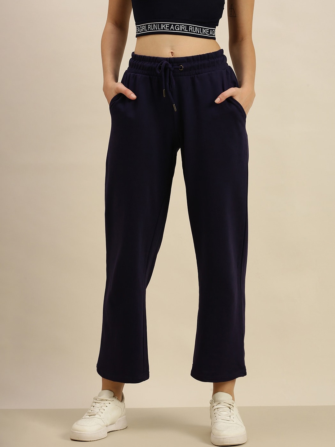 

De Moza Women Blue Loose Fit Cotton Trousers, Navy blue