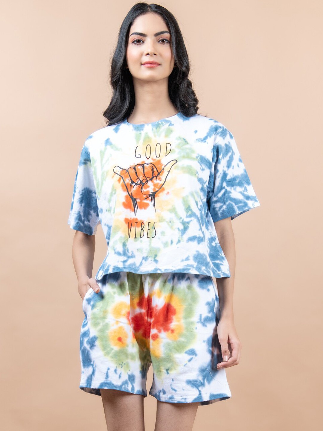 

Tistabene Women Good Vibes Printed Tie and Dye Pure Cotton T-shirt With Shorts Co-Ords, White