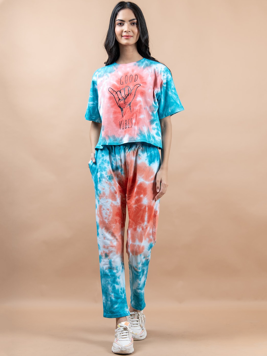 

Tistabene Women Tie-Dye Pure Cotton T-Shirt & Track Pant Co-Ords, Blue