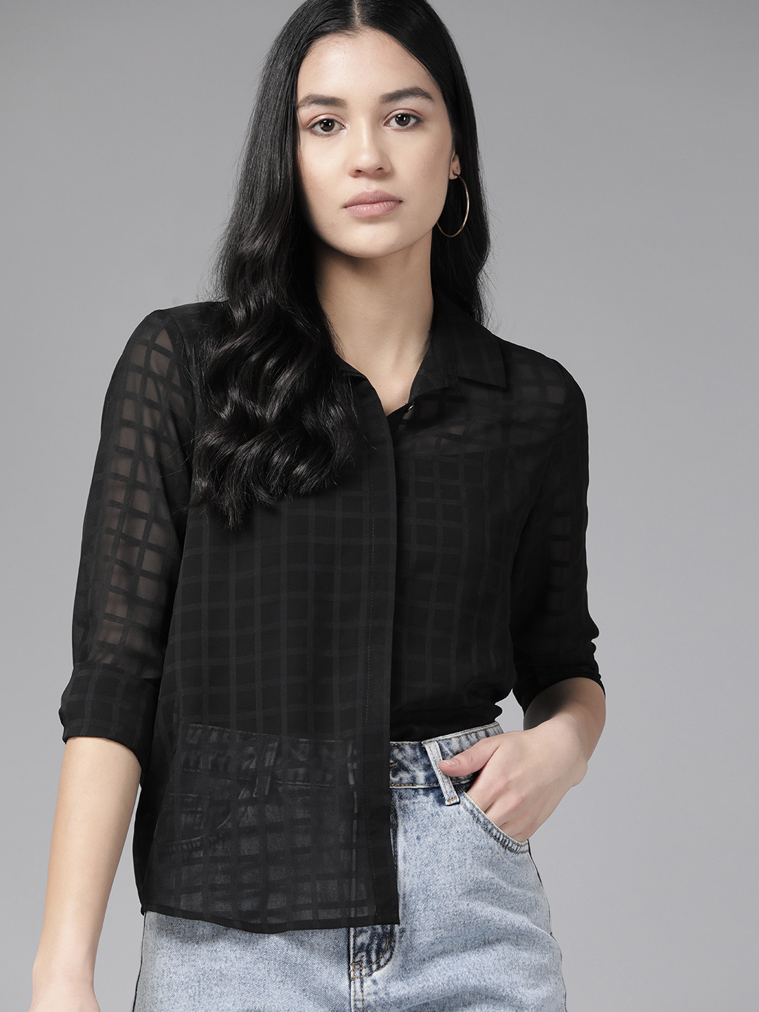 

Roadster Women Windowpane Checks Semi Sheer Casual Shirt, Black