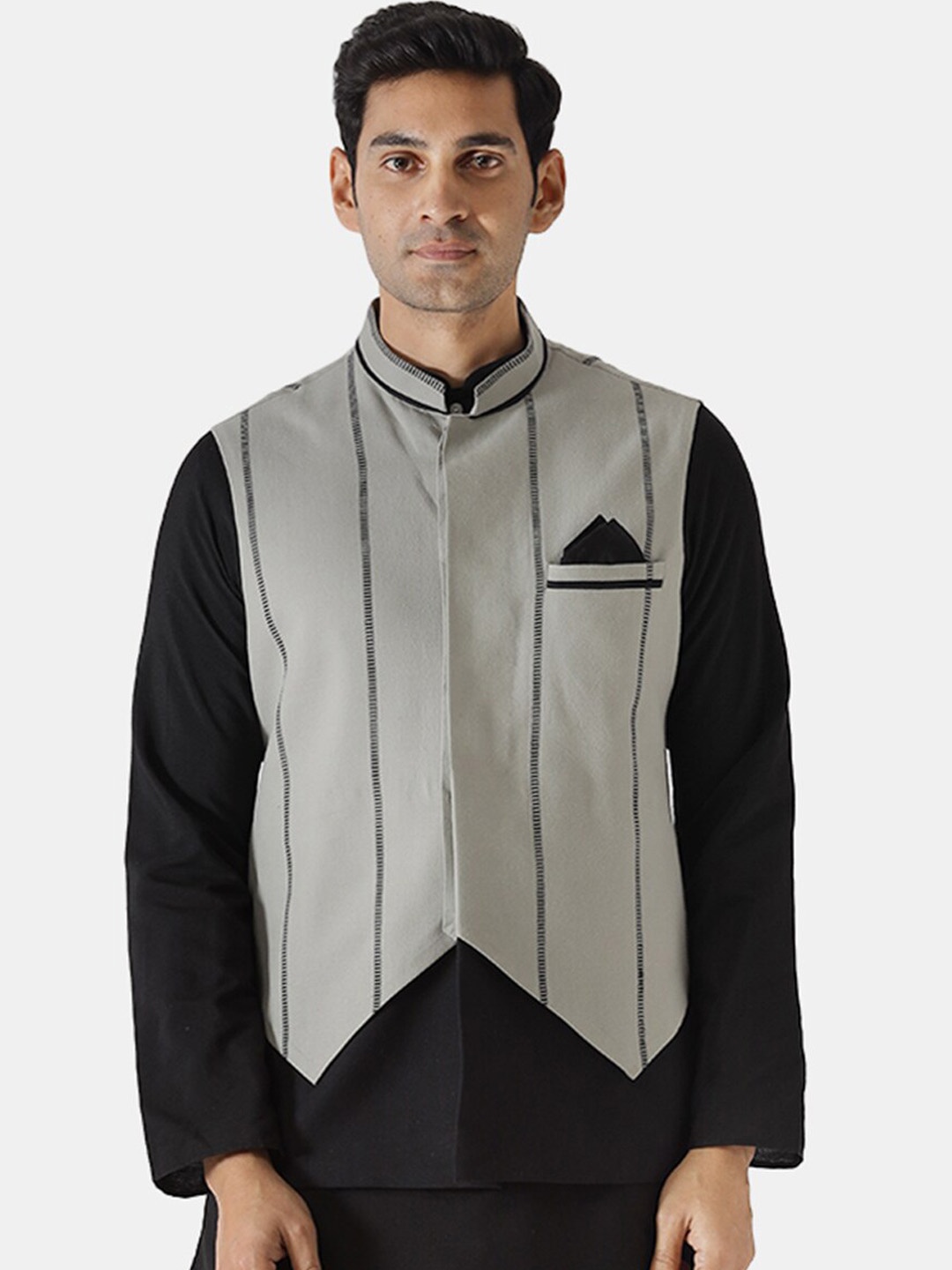 

KISAH Men Striped Woven Nehru Jackets, Grey