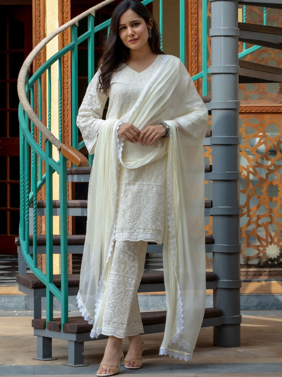 

HOUSE OF JAMOTI Women Ethnic Motifs Embroidered Kurta with Trousers & With Dupatta, Off white