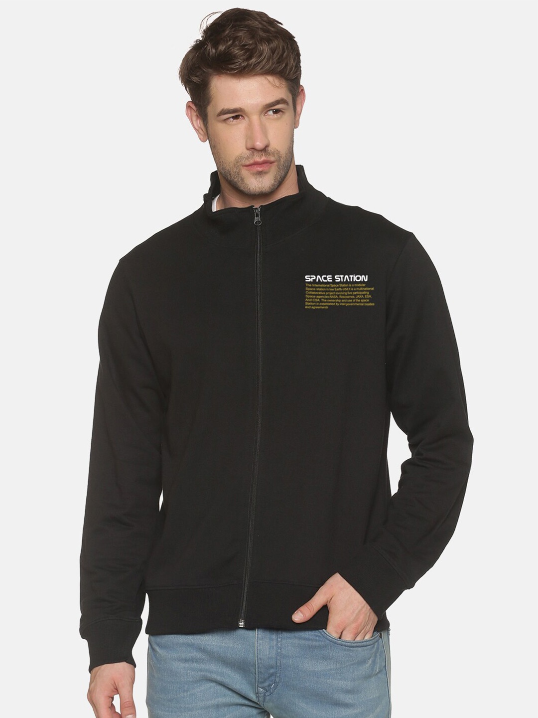 

BLACK RADIO Men Printed Cotton Front-Open Sweatshirt