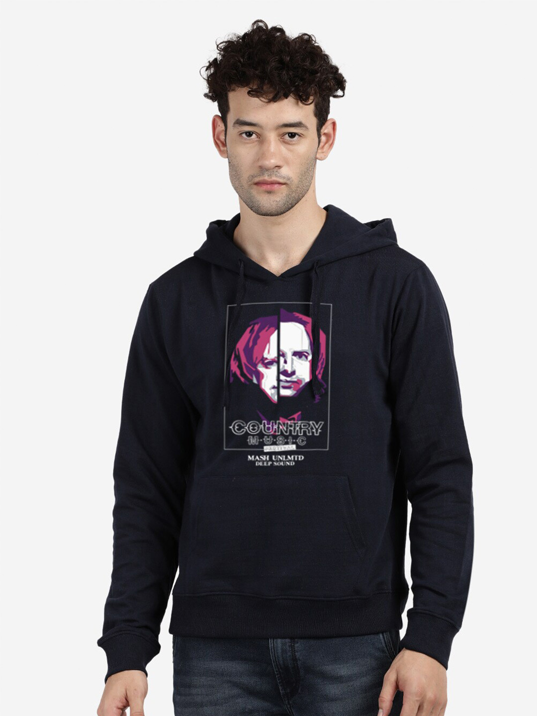 

BLACK RADIO Graphic Printed Hooded Cotton Sweatshirt, Navy blue