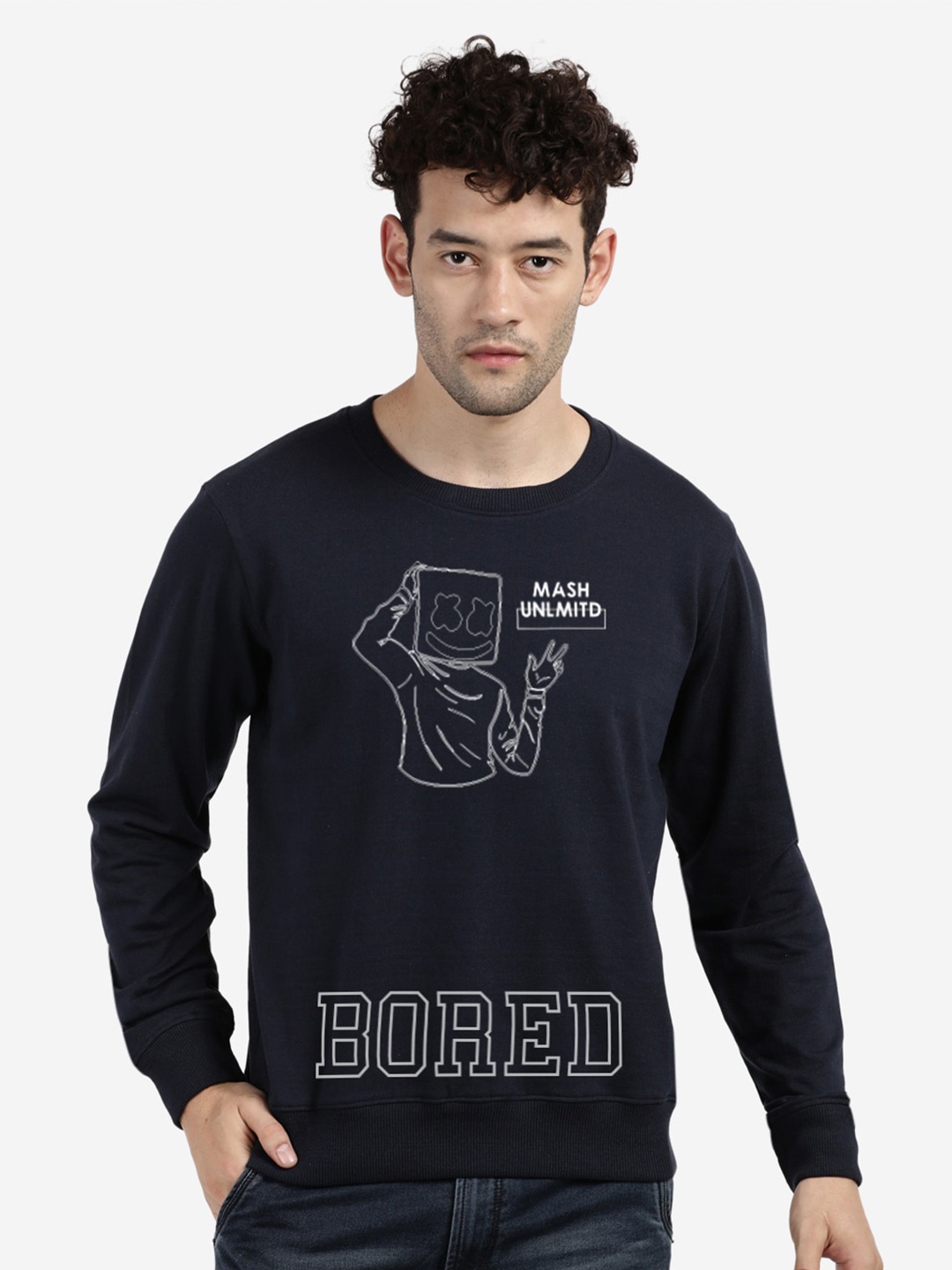 

BLACK RADIO Round Neck Printed Cotton Sweatshirt, Navy blue