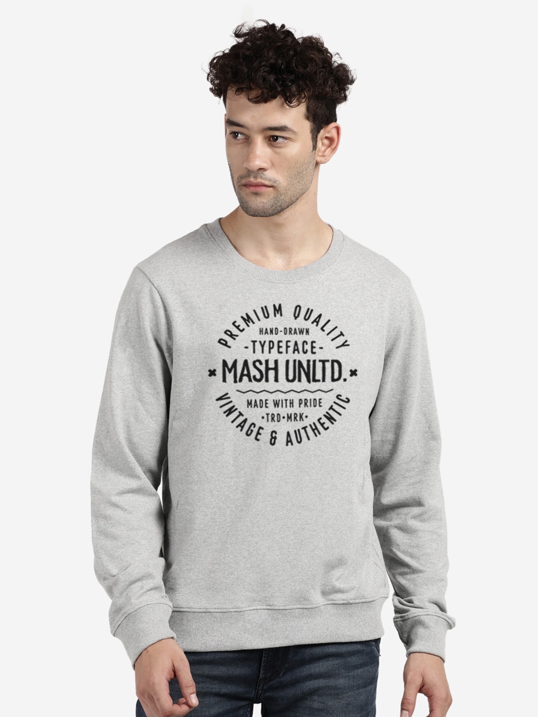 

BLACK RADIO Round Neck Printed Cotton Sweatshirt, Grey