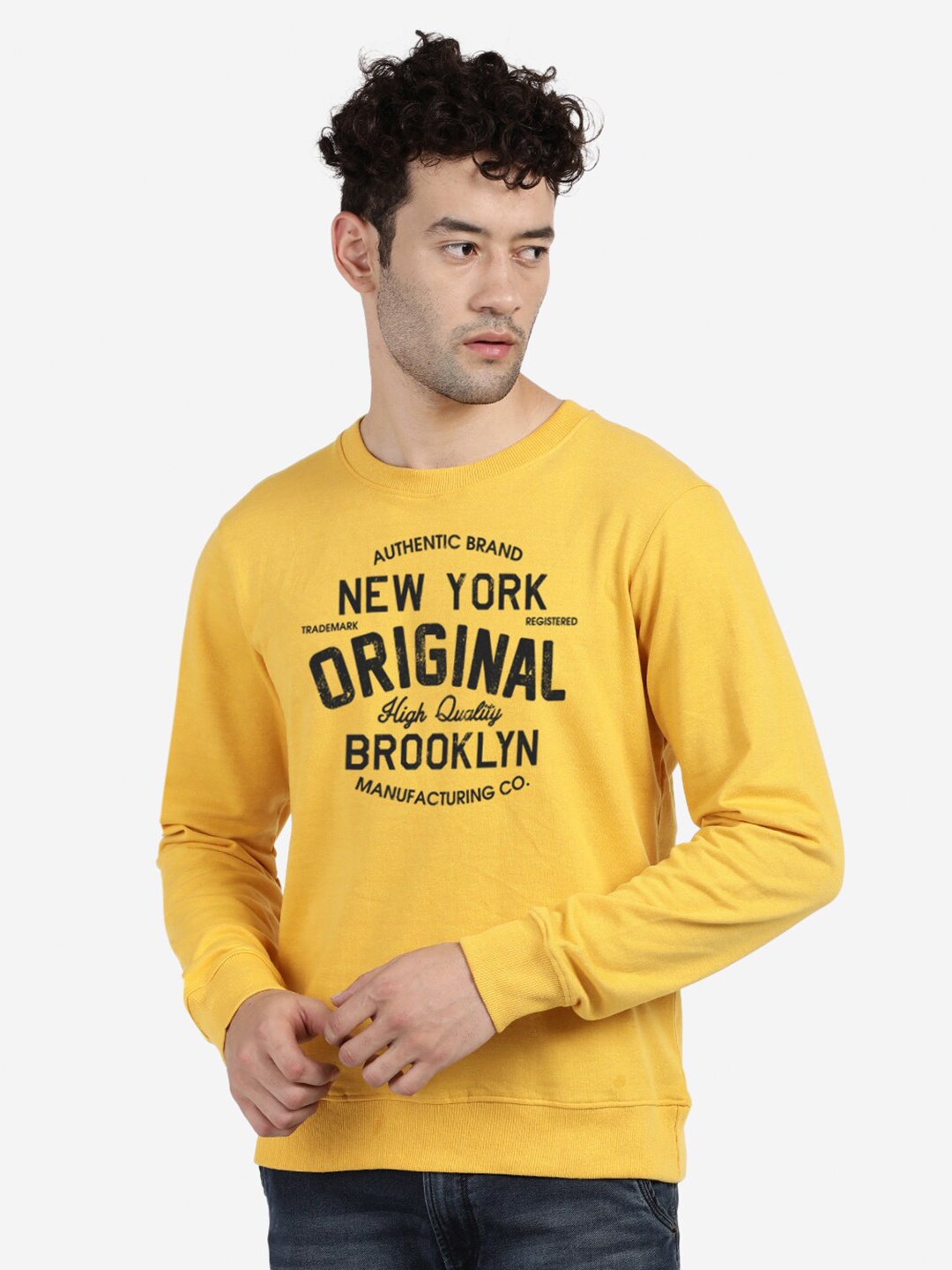 

BLACK RADIO Typography Printed Round Neck Cotton Sweatshirt, Yellow