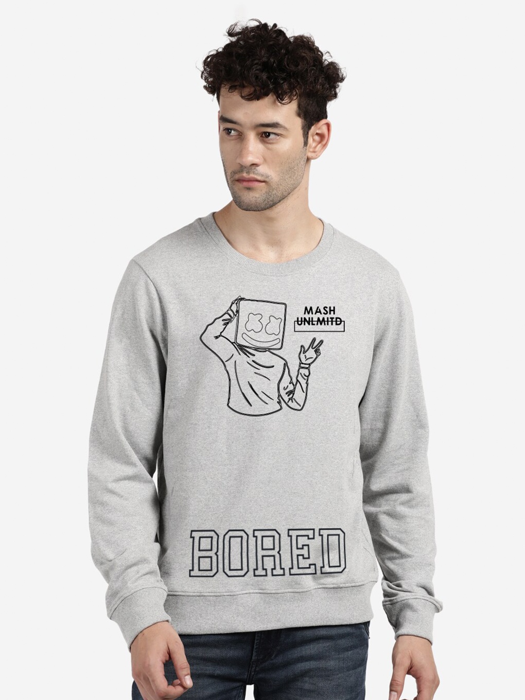 

BLACK RADIO Graphic Printed Round Neck Cotton Sweatshirt, Grey
