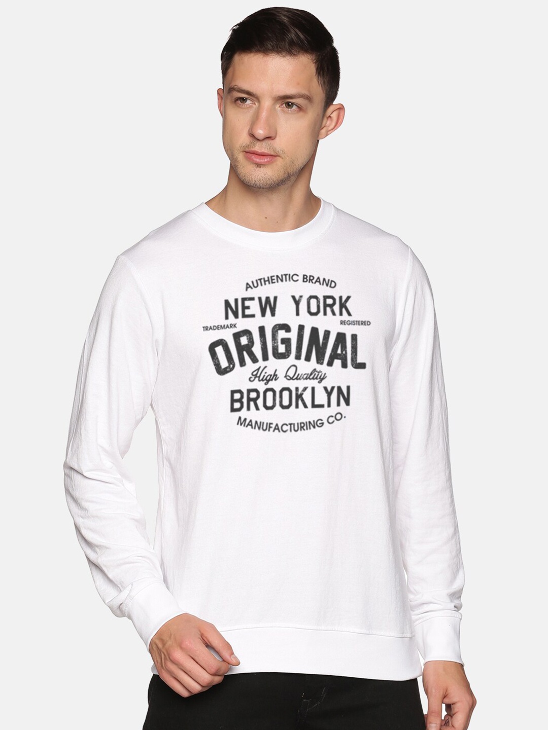 

BLACK RADIO Typography Printed Round Neck Cotton Sweatshirt, White