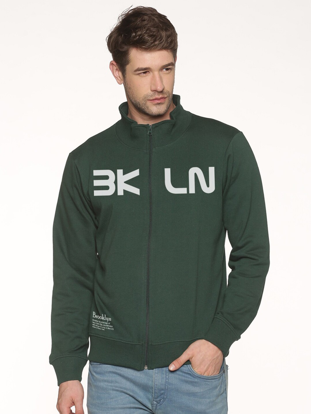 

BLACK RADIO Men Printed Mock Collar Cotton Sweatshirt, Green