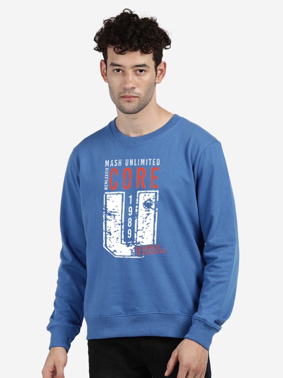

BLACK RADIO Typography Printed Round Neck Cotton Sweatshirt, Blue