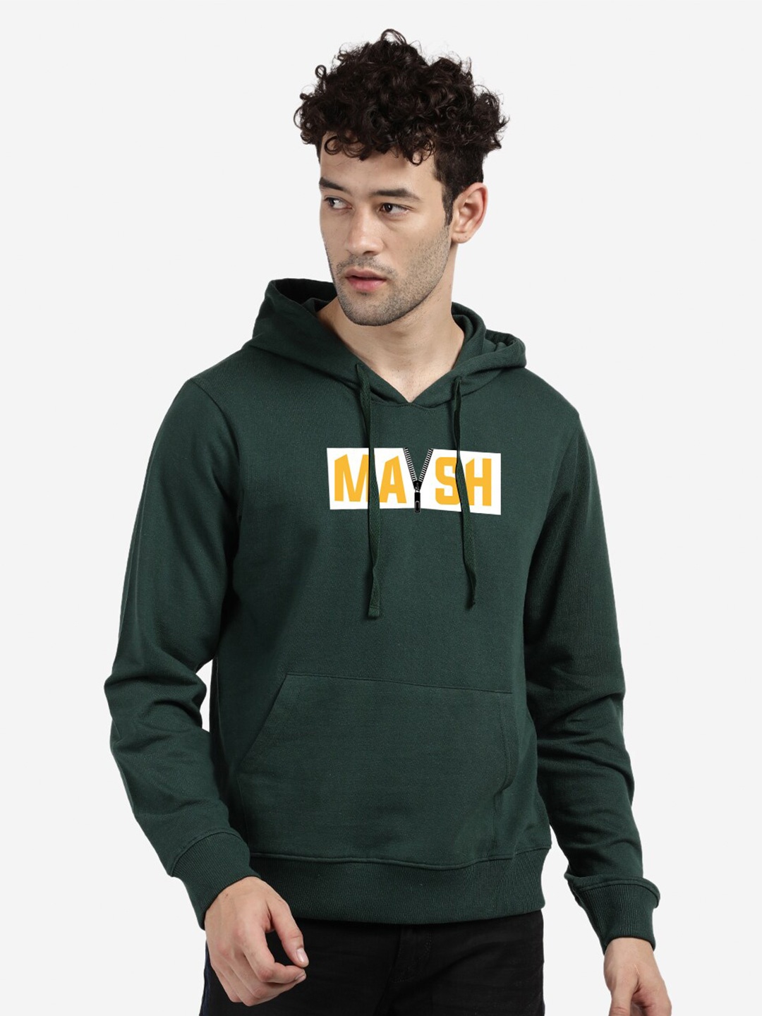 

BLACK RADIO Typography Printed Hooded Cotton Sweatshirt, Green