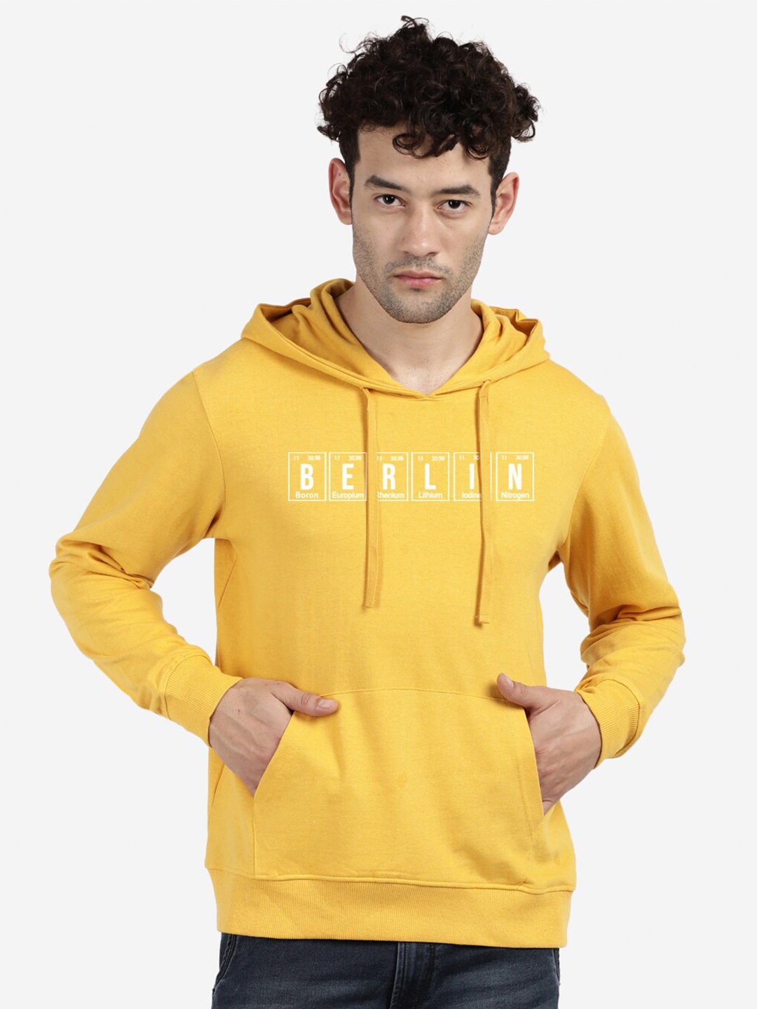 

BLACK RADIO Typography Printed Hooded Cotton Sweatshirt, Yellow