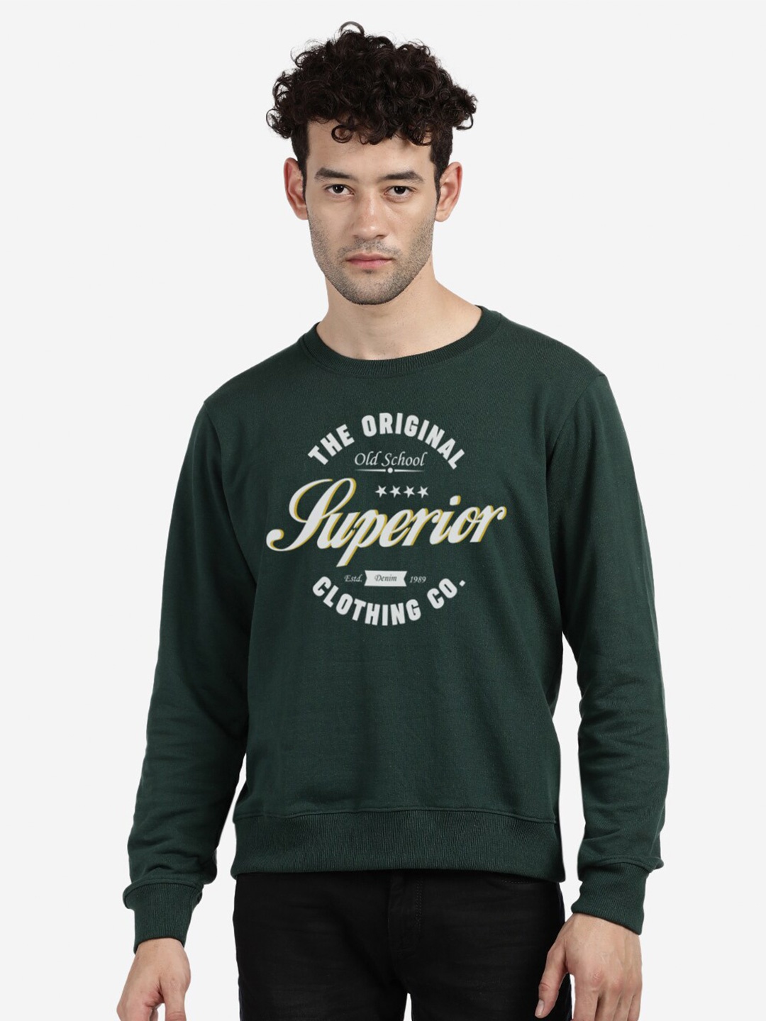 

BLACK RADIO Typography Printed Round Neck Cotton Sweatshirt, Green
