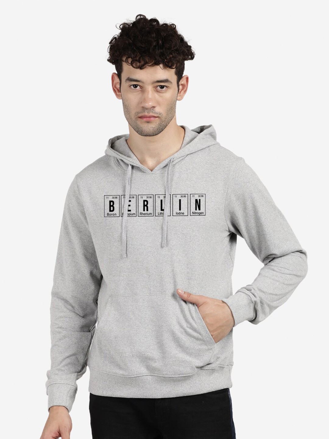 

BLACK RADIO Typography Printed Hooded Pure Cotton Pullover Sweatshirt, Grey