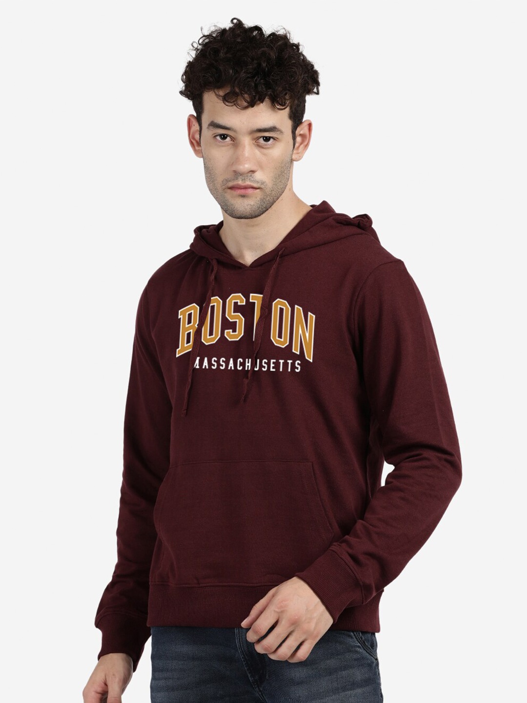 

BLACK RADIO Typography Printed Hooded Pure Cotton Pullover Sweatshirt, Maroon