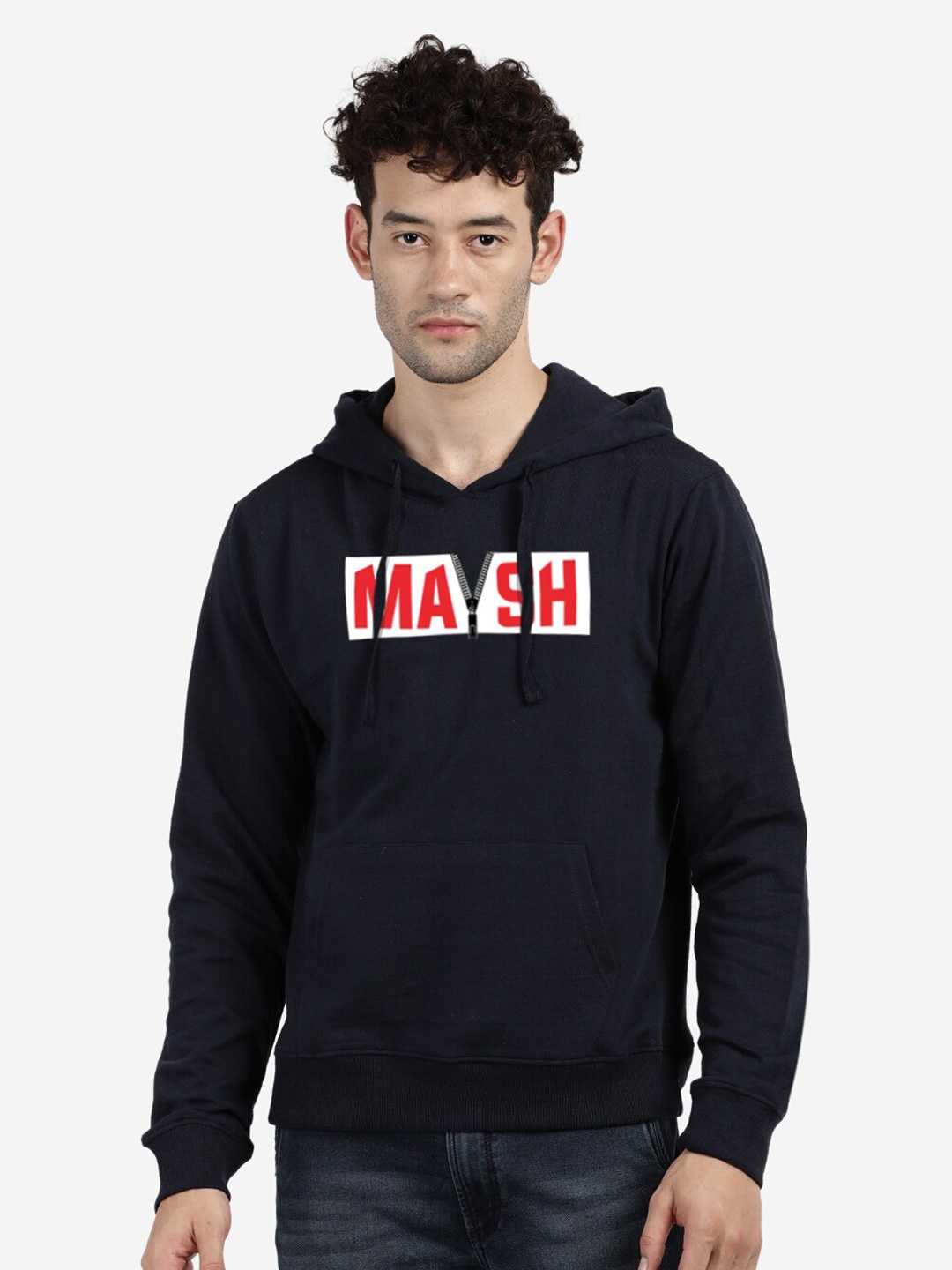 

BLACK RADIO Men Typography Printed Hooded Pure Cotton Pullover Sweatshirt, Navy blue