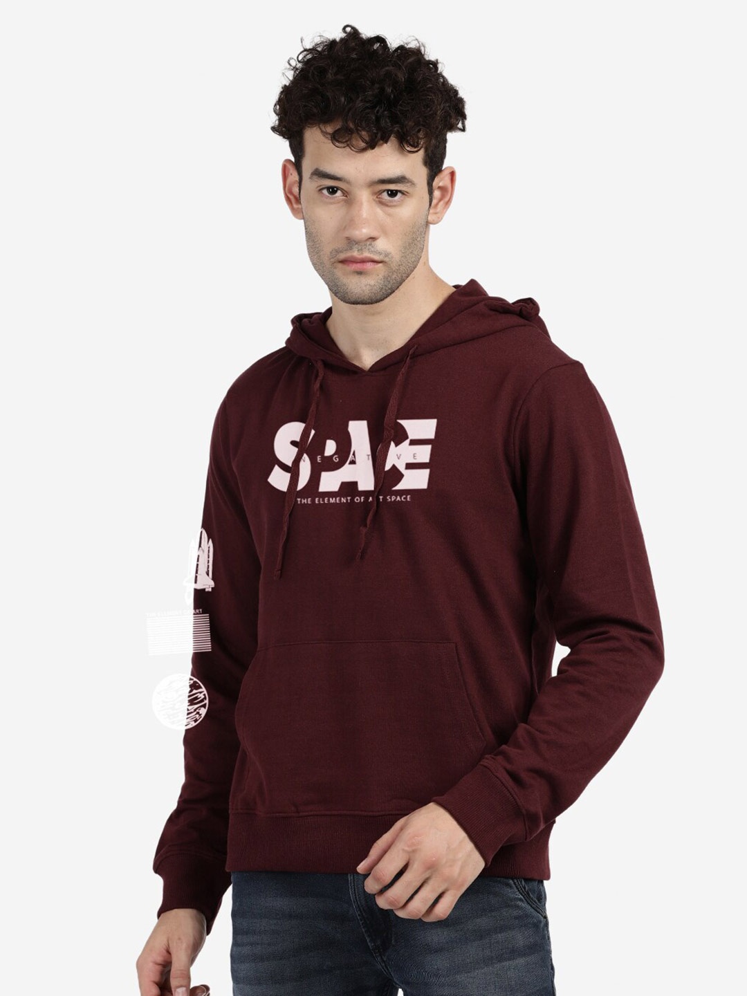 

BLACK RADIO Typography Printed Hooded Pure Cotton Pullover Sweatshirt, Maroon