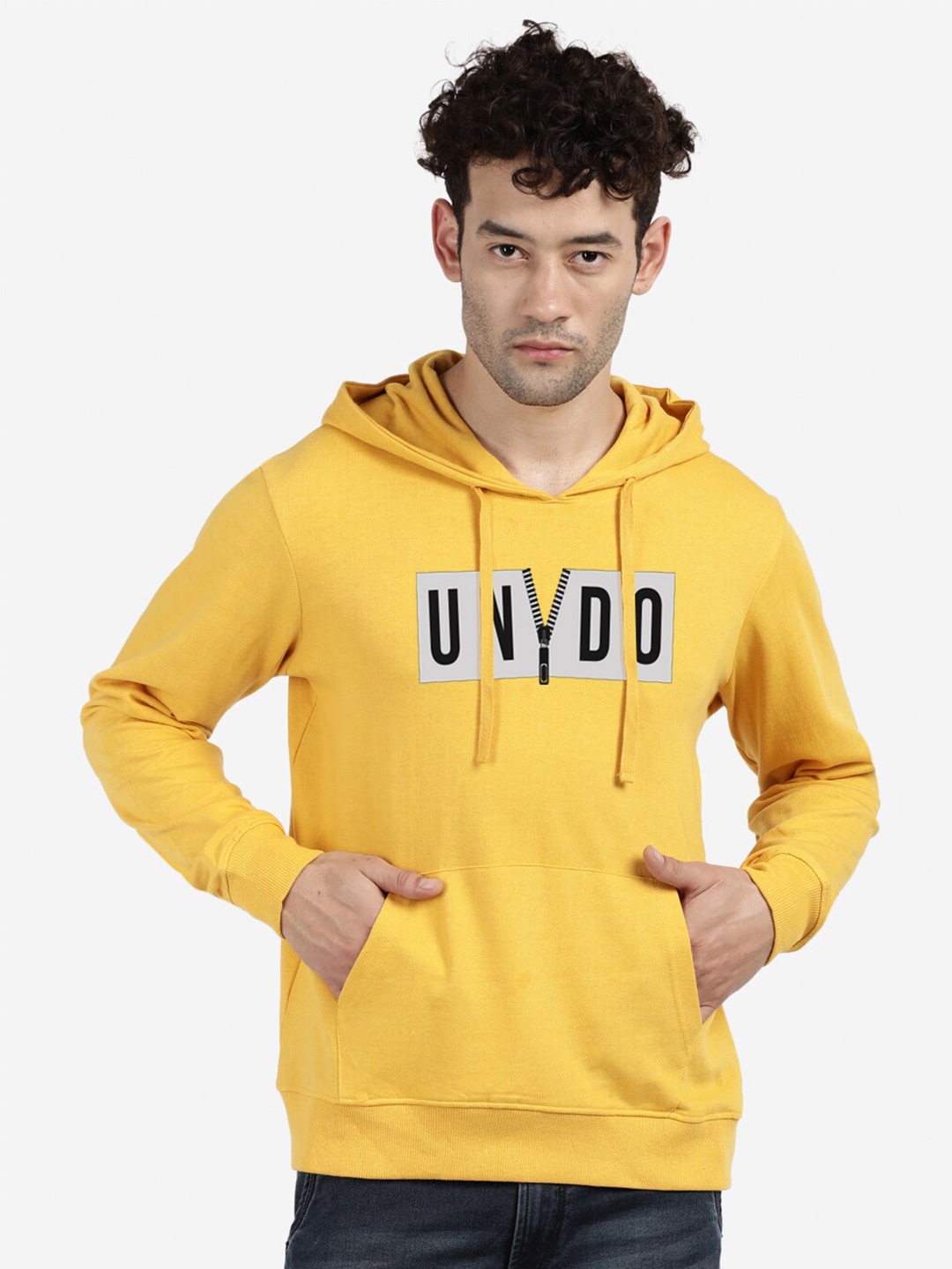 

BLACK RADIO Typography Printed Hooded Pure Cotton Pullover Sweatshirt, Yellow