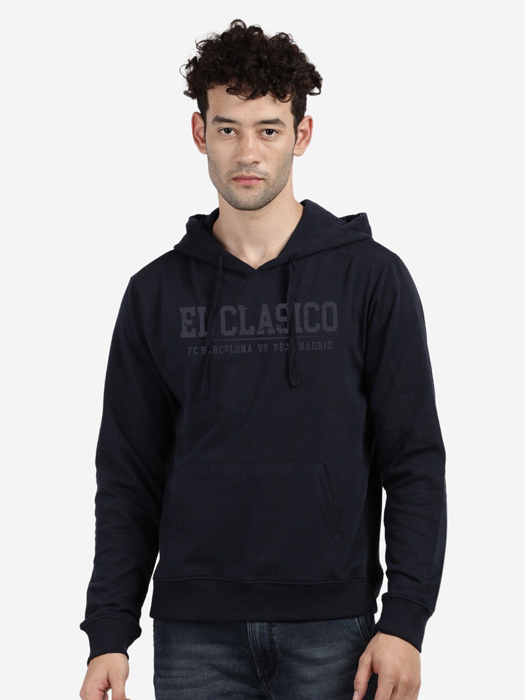 

BLACK RADIO Typography Printed Hooded Pure Cotton Pullover Sweatshirt, Navy blue