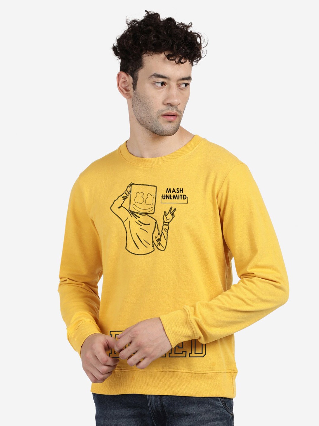 

BLACK RADIO Graphic Printed Pure Cotton Pullover Sweatshirt, Yellow